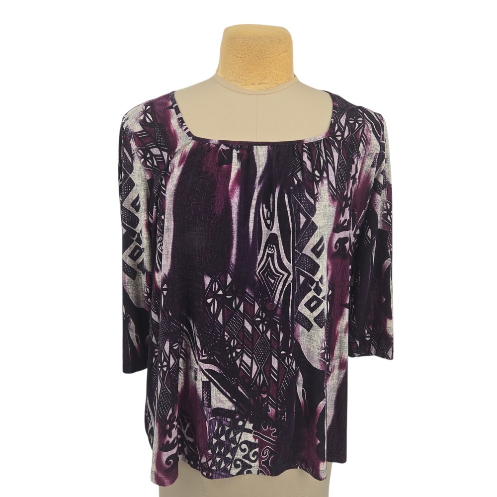 Suzie in the City Top Women 1X Purple Abstract Geometric Square Neck 3/4 Sleeve